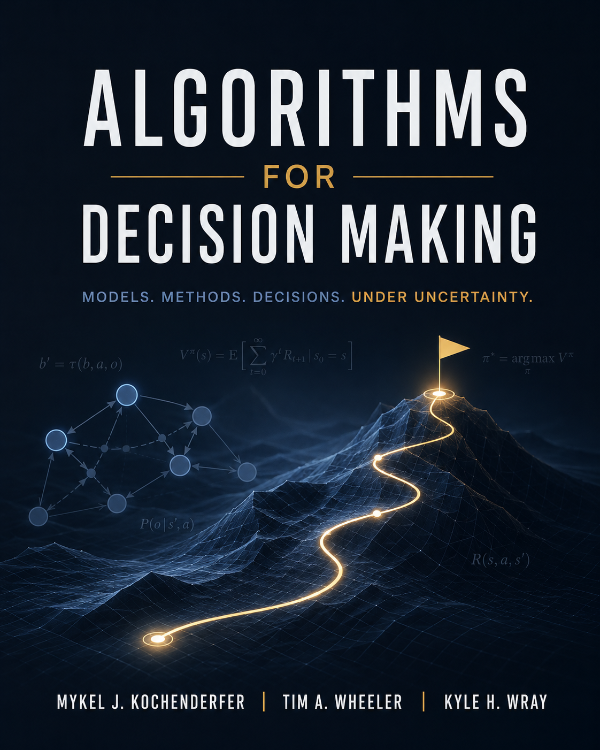 Capa do livro Algorithms for Decision Making, de Mykel J. Kochenderfer, Tim A. Wheeler, Kyle H. Wray