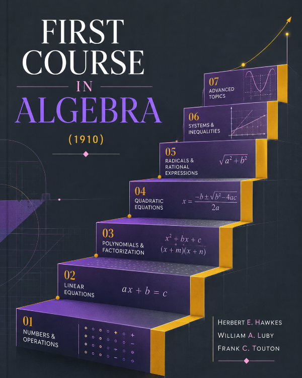 Capa do livro First Course in Algebra (1910), de Herbert E. Hawkes, William A. Luby, Frank C. Touton