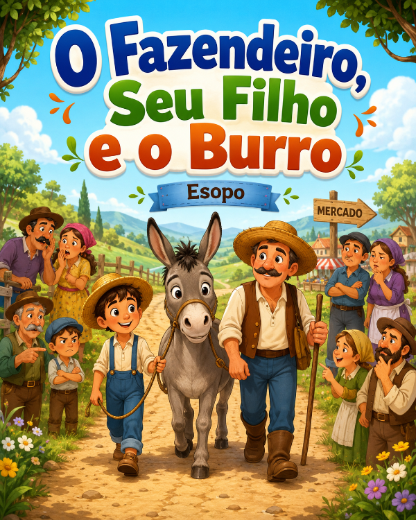 Capa do livro O Fazendeiro, Seu Filho e o Burro, de Esopo