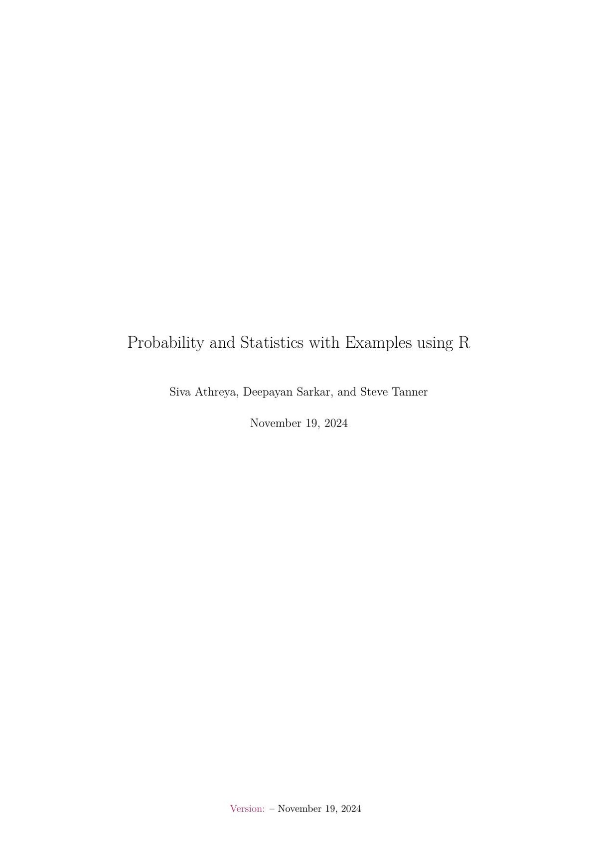 Capa do livro Probability and Statistics with Examples using R, de Siva Athreya, Deepayan Sarkar, and Steve Tanner