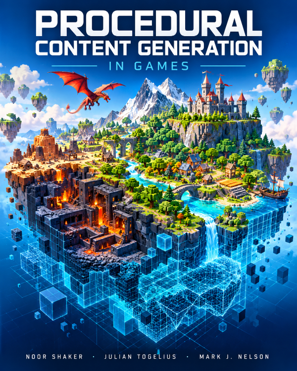 Capa do livro Procedural Content Generation in Games, de Noor Shaker, Julian Togelius, Mark J. Nelson