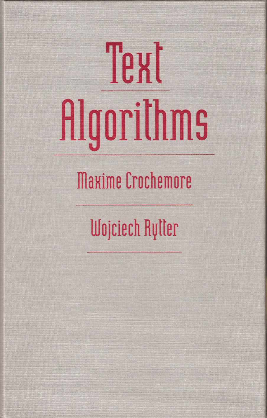 Capa do livro Text Algorithms, de Maxime Crochemore, Wojciech Rytter