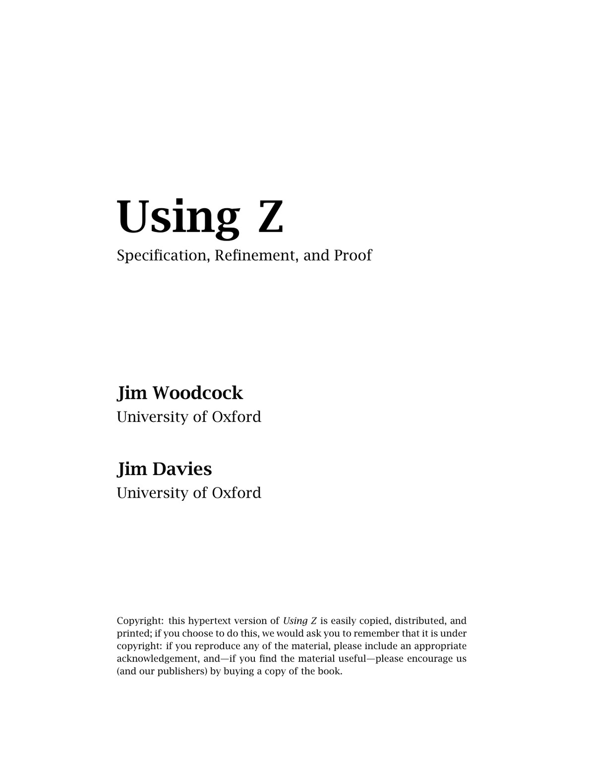 Capa do livro Using Z Specification, Refinement, and Proof, de Jim Woodcock, Jim Davies